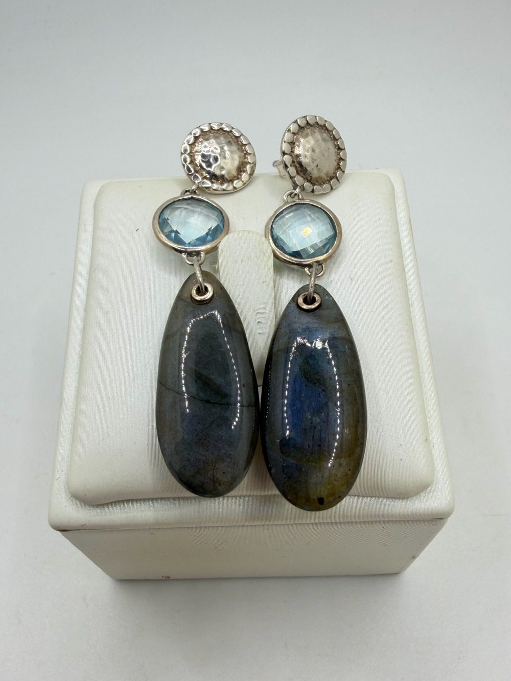 2.10" Sterling Silver, 27x12mm Labradorite and 8mm Aquamarine‎ dangle earrings!